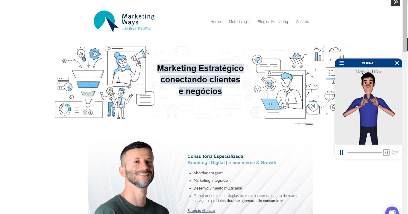 Print de Tela. Site Marketing Ways exibindo avatar de acessibilidade em libras.